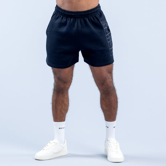 Navy graphic men's athletic shorts with elastic waistband and side logo