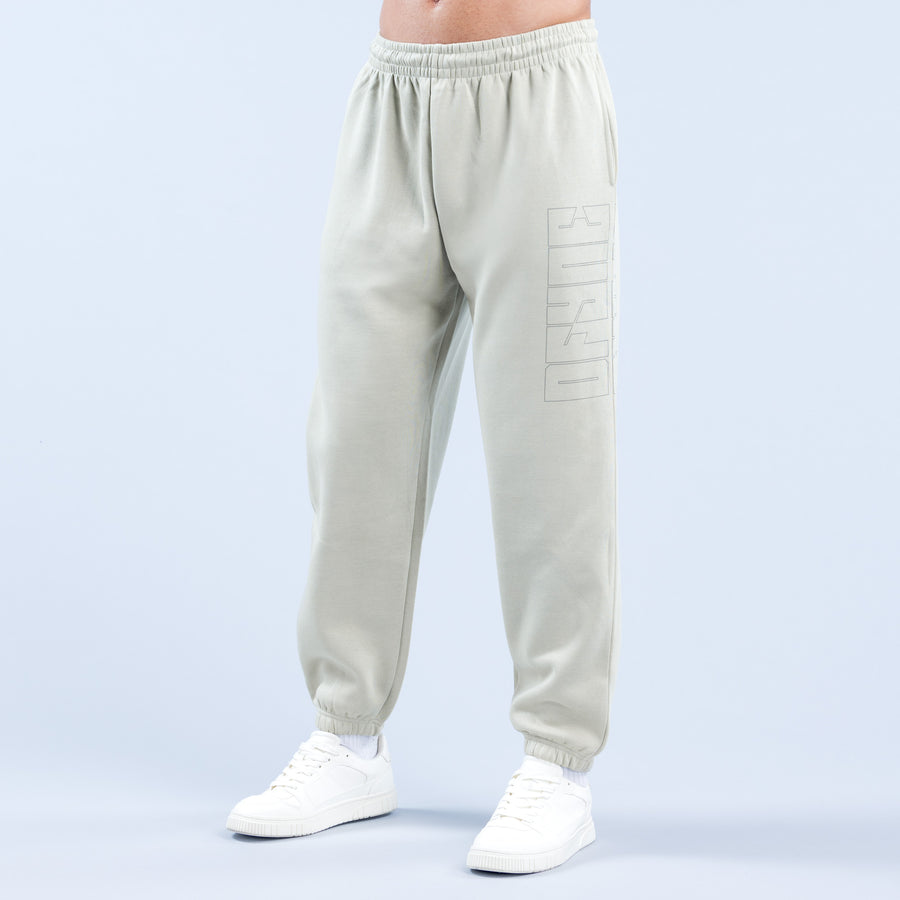 Cream graphic jogger pants with side rectangle print and gathered elastic waistband