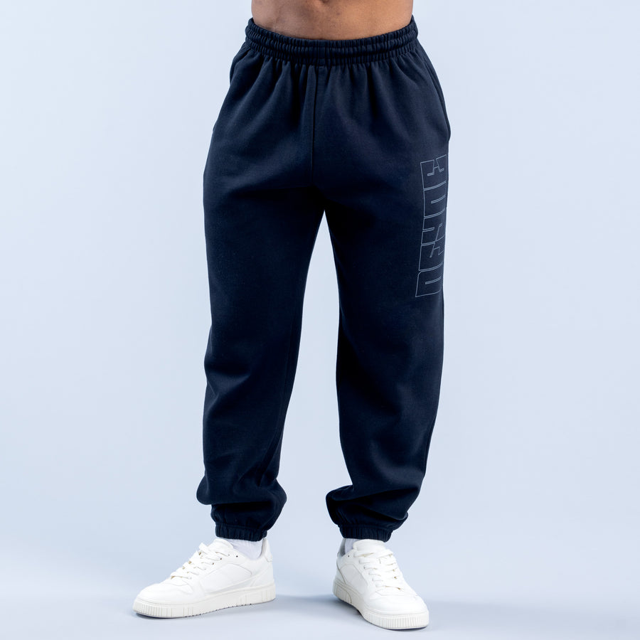 Navy graphic jogger pants with elastic waistband and printed side detail