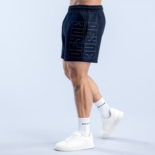 Navy men's shorts with elastic waistband and large side graphic panel