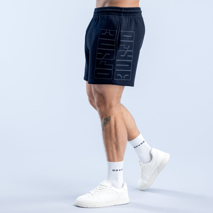 Navy men's shorts with elastic waistband and large side graphic panel