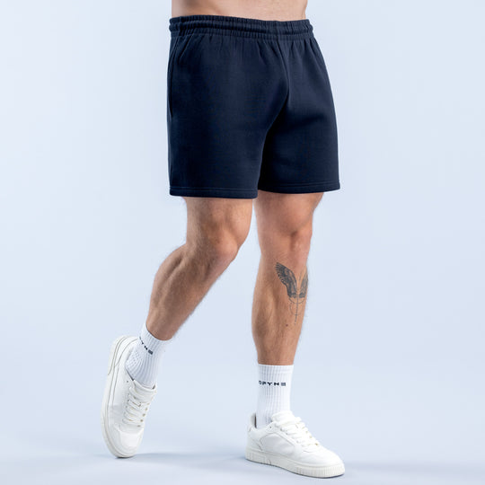 Navy men's shorts with elastic waistband and solid front panel