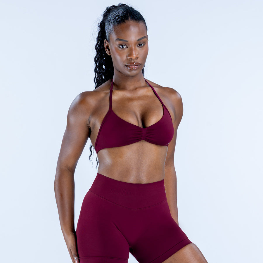 Impact strappy bra maroon with V-neck cups and thin halter straps