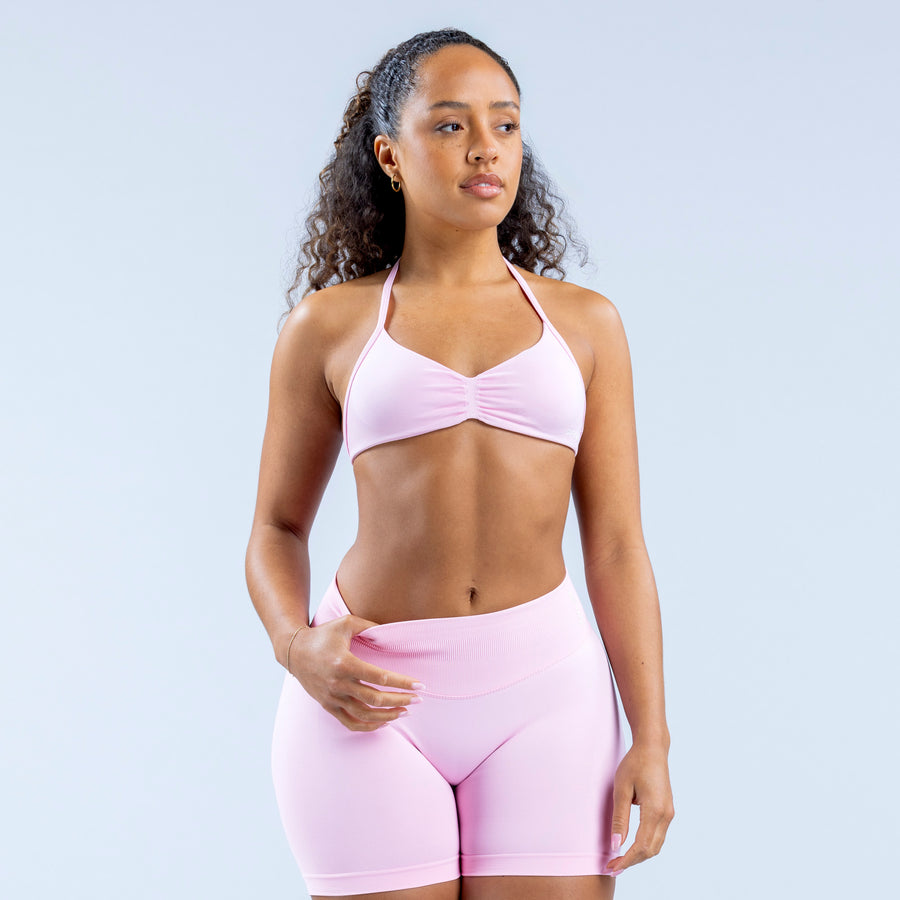 Light pink strappy bra with ruched center and V-neck front
