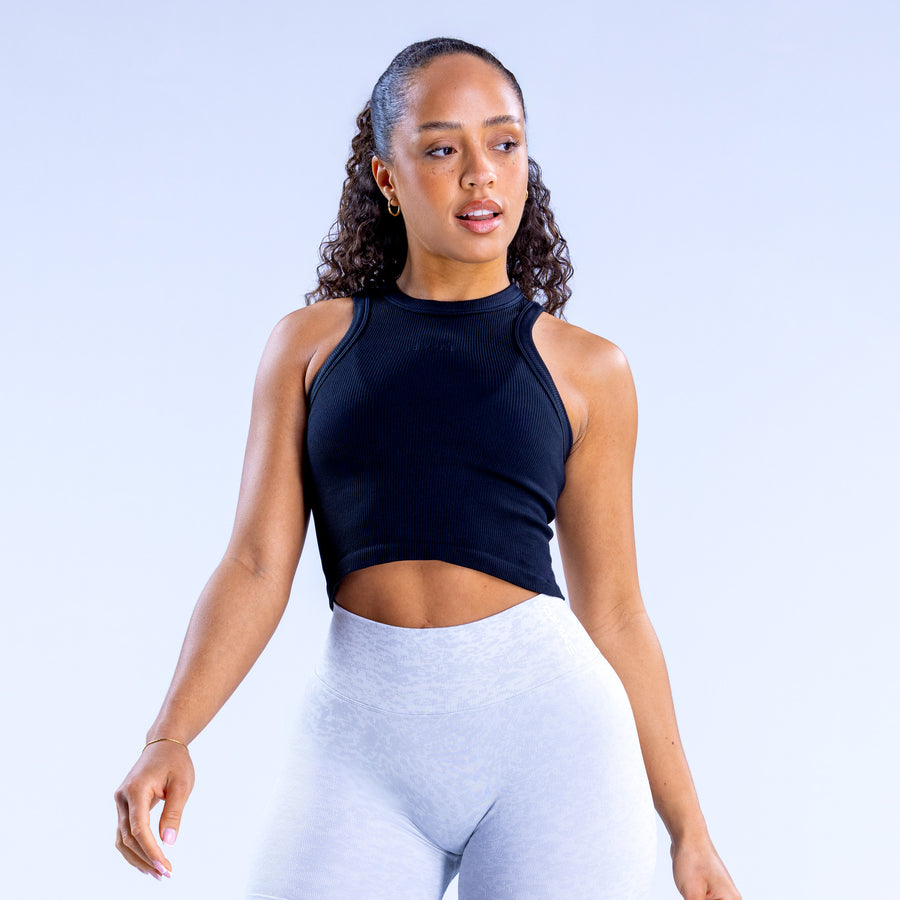 Black racerback crop top with high neck and sleeveless cut