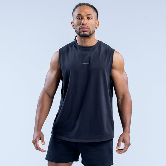 Dark sleeveless crew-neck tank top with small chest logo, front view