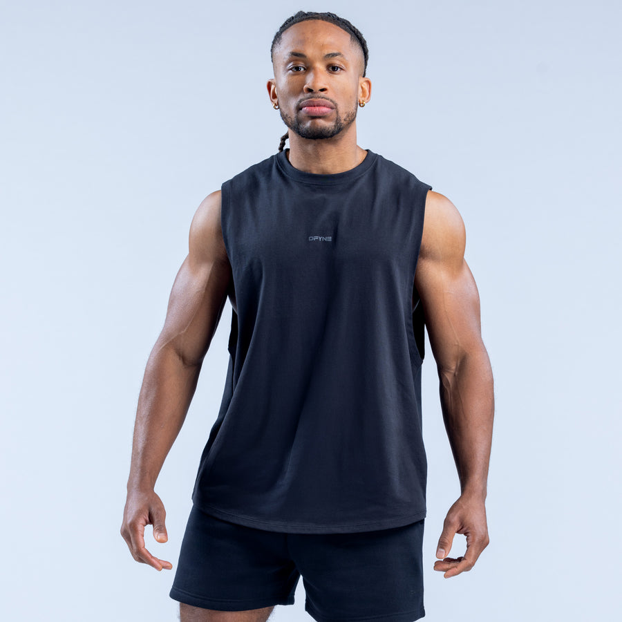 Dark sleeveless crew-neck tank top with small chest logo, front view
