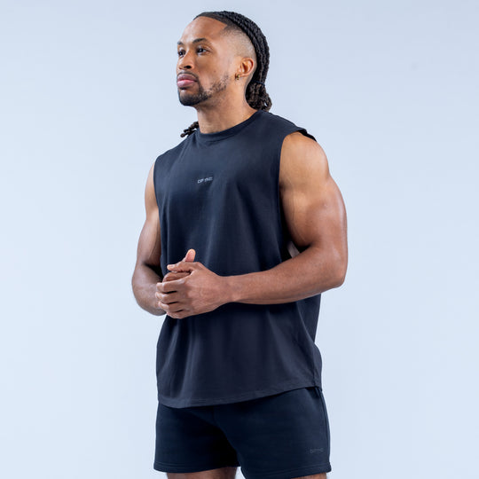 Dark sleeveless crew-neck tank top with small chest logo