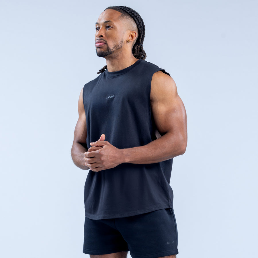 Dark sleeveless crew-neck tank top with small chest logo