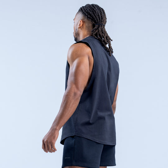 Dark sleeveless crew-neck tank top, back view