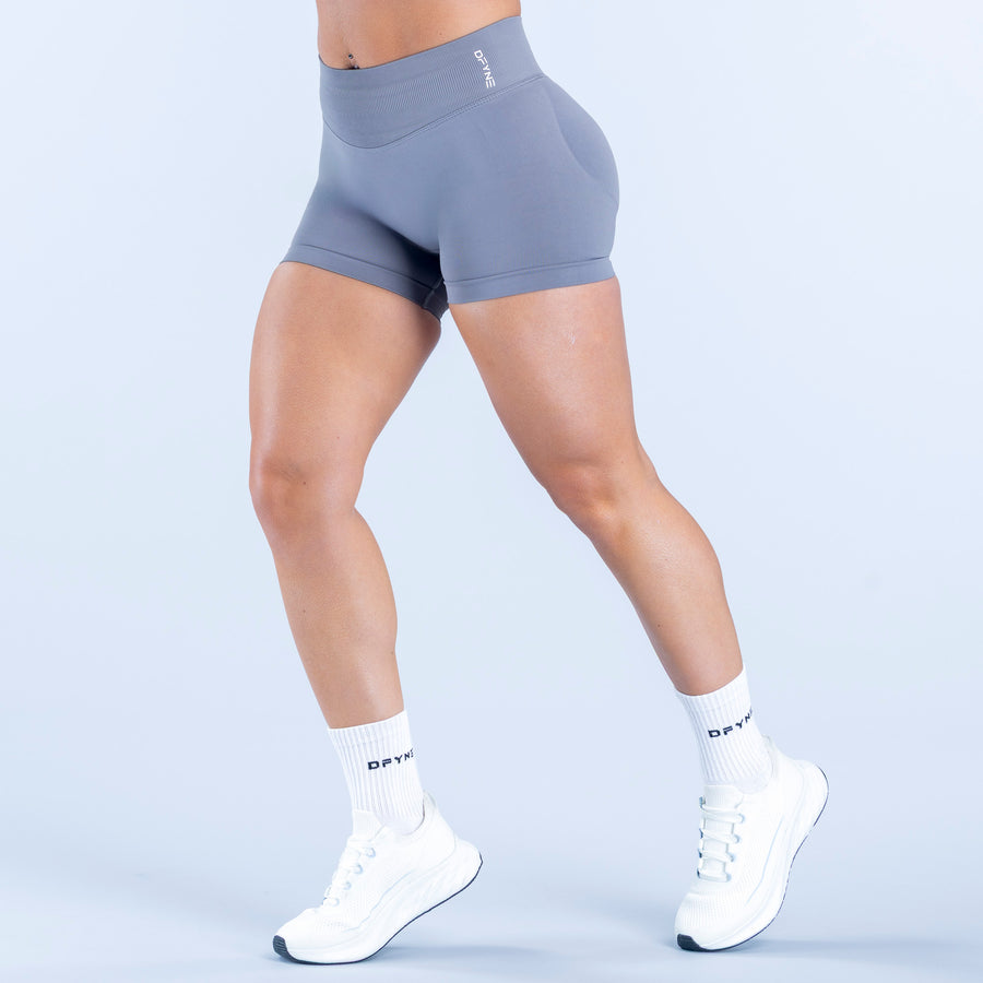 Blue-gray athletic shorts, 4.5-inch inseam, logo on waistband.
