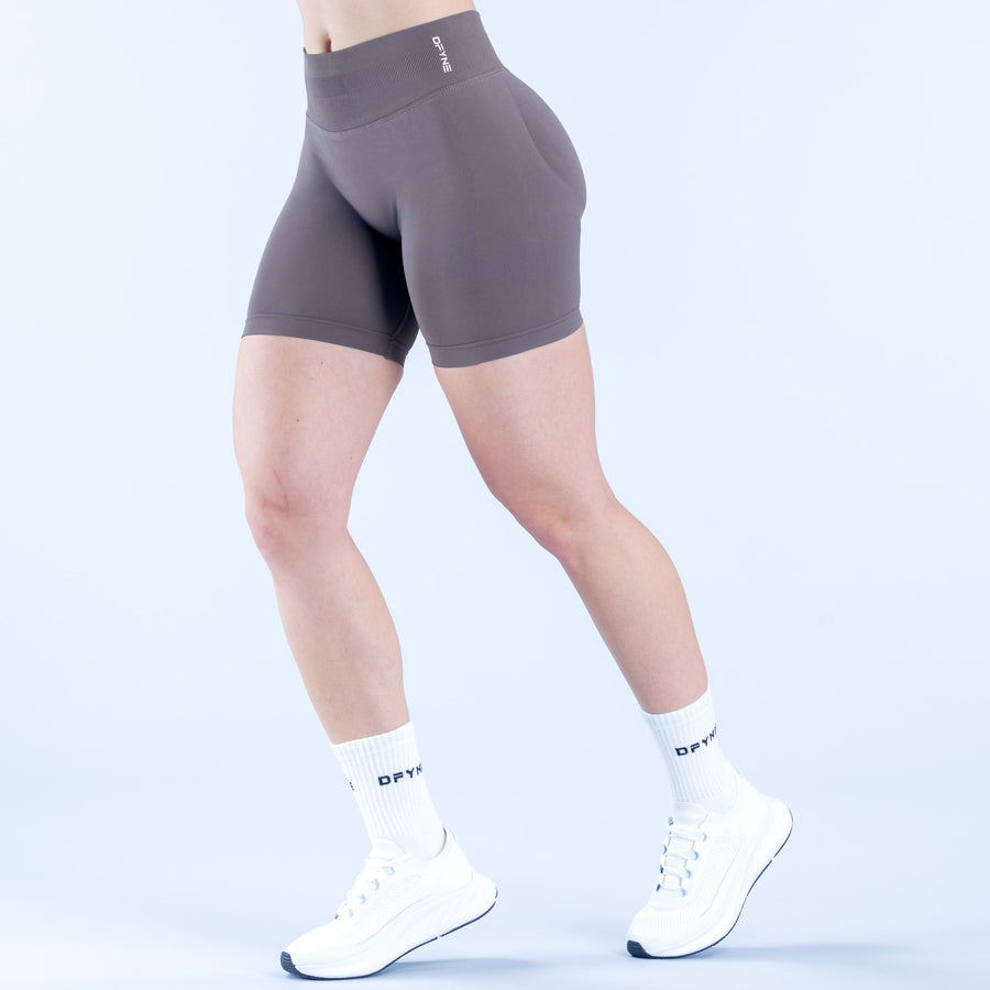 6.5 in impact biker shorts, dark gray, front view with contoured fit