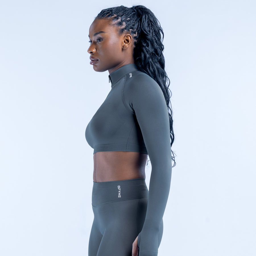 Long-sleeve crop top with half-zip mock neck, dark gray, side view