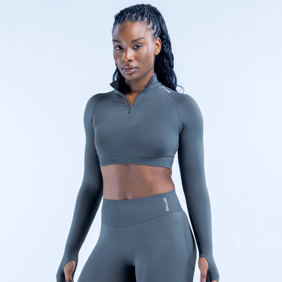 Dark gray long-sleeve cropped zip-up athletic top with high collar