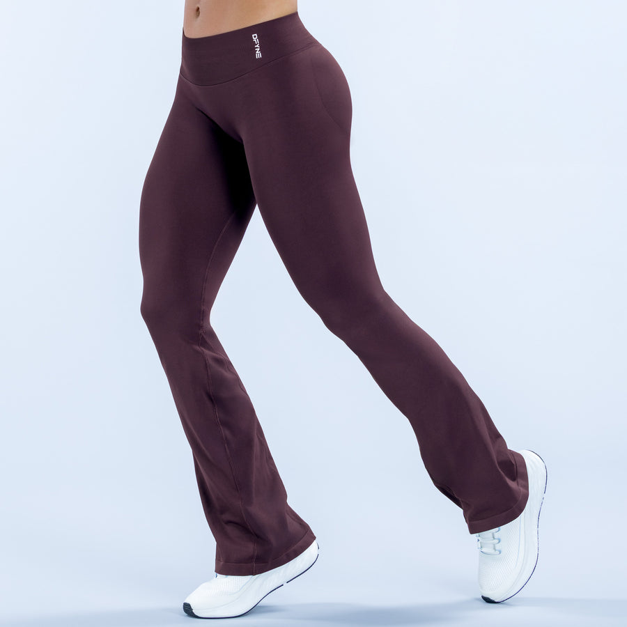 Burgundy flare leggings with wide bell leg openings and fitted waistband