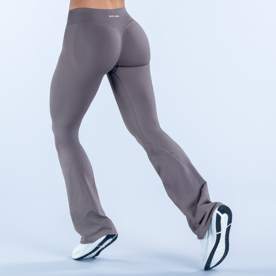 High-rise flare leggings, dark gray, curved back seams and wide ankle opening
