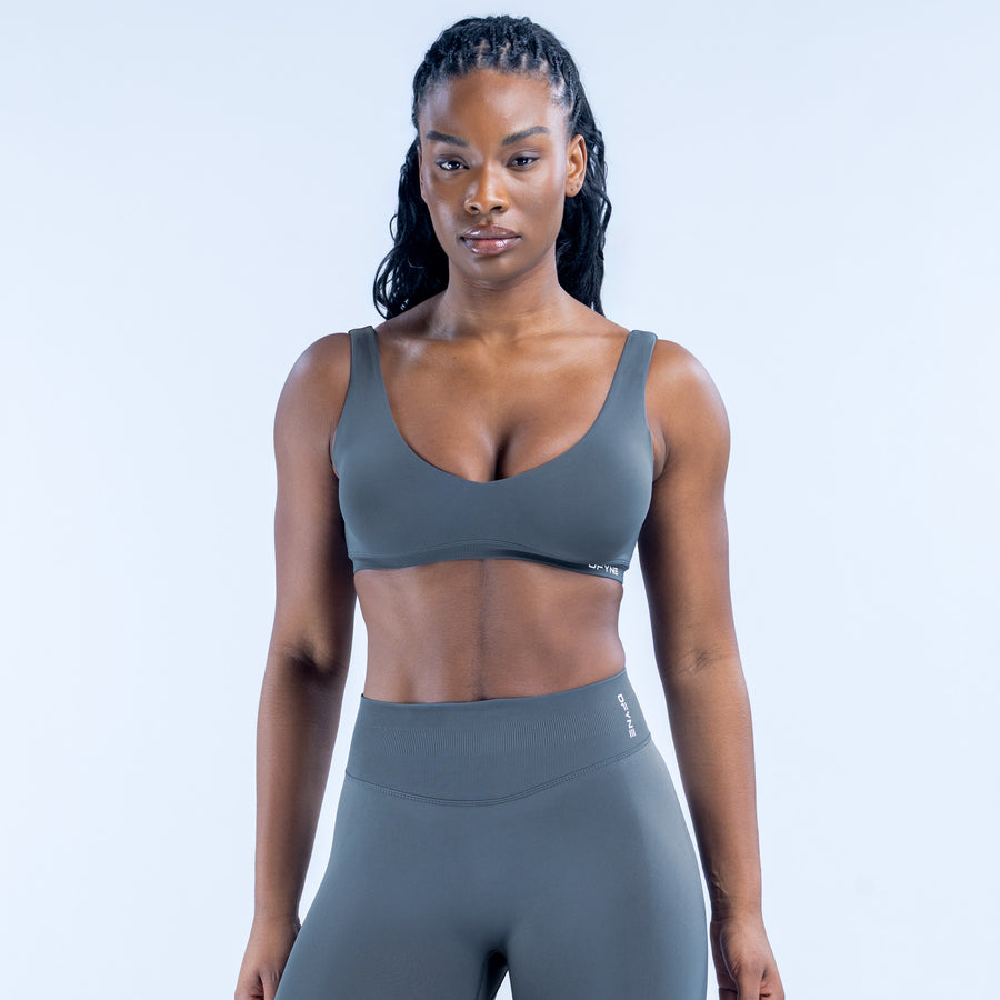 Scoop back impact bra with wide straps, teal-gray front view