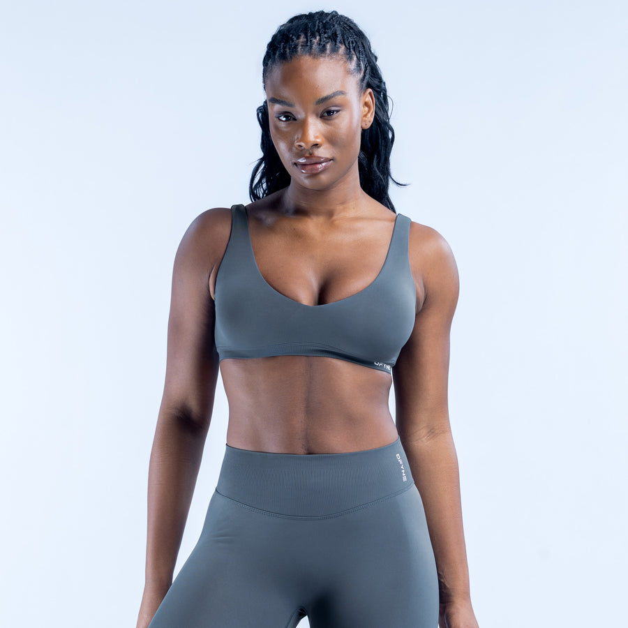 Scoop back impact bra with V-neck front, teal-gray fabric
