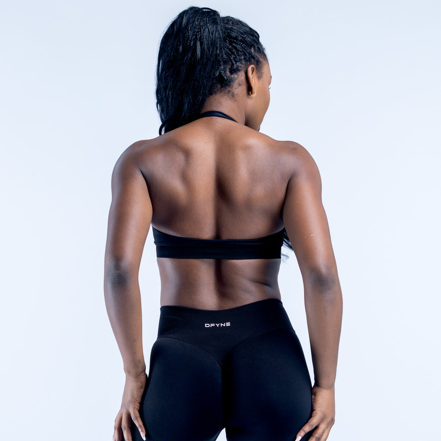 Black impact sports bra, racerback back coverage with elastic waistband