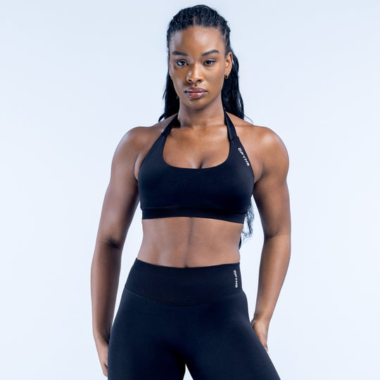 Black high-impact sports bra with racerback and wide underband