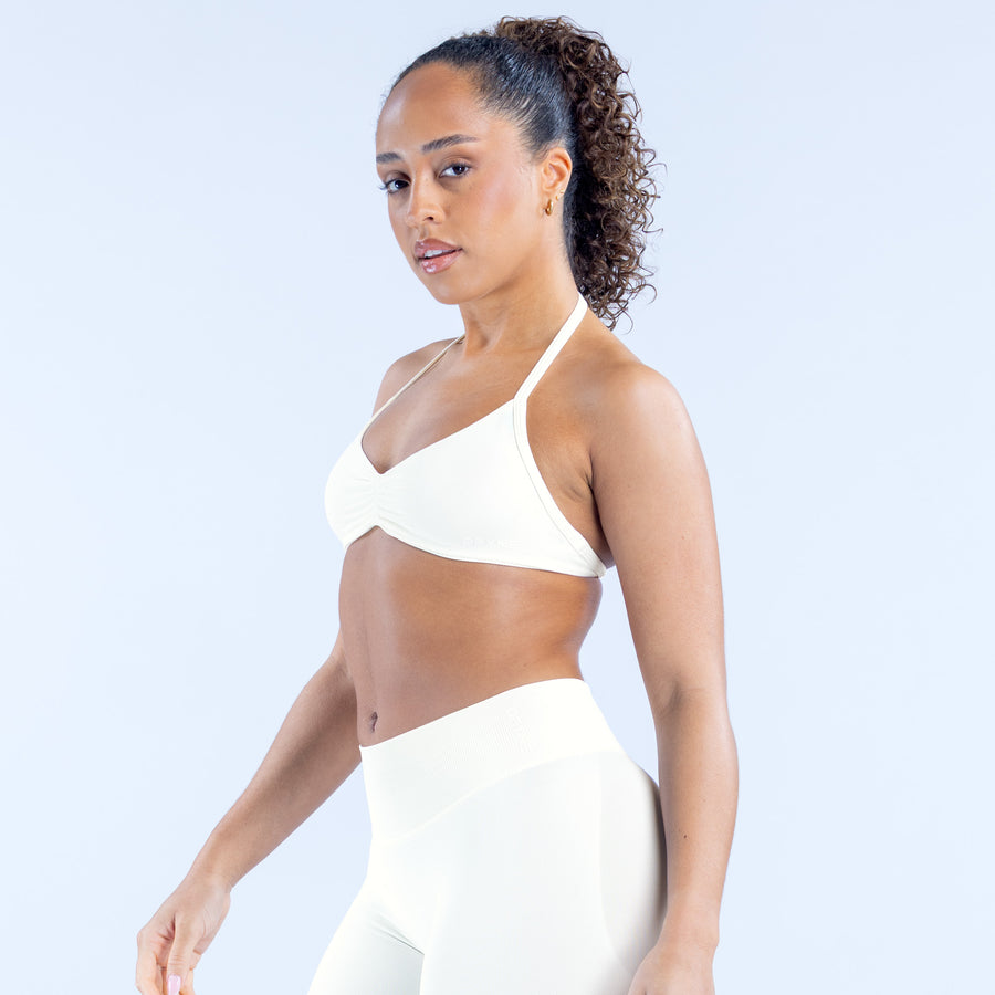 Impact strappy bra, white, thin straps and scooped triangle front, side view