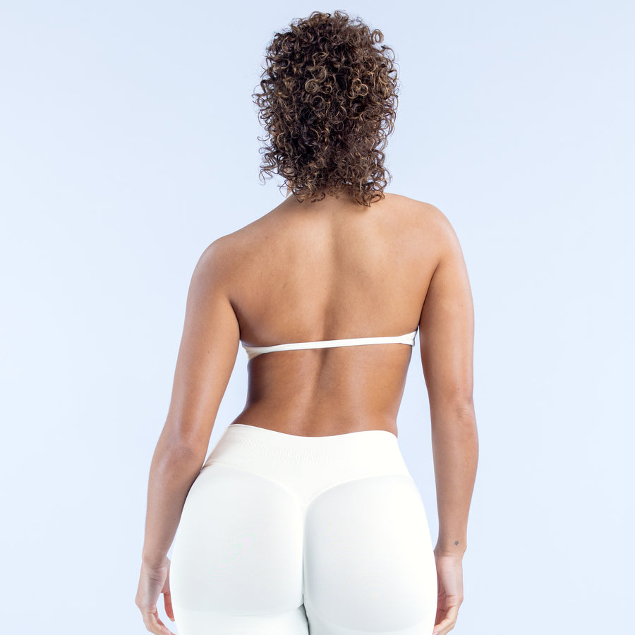 Impact strappy bra, white, racerback straps and full back coverage, back view