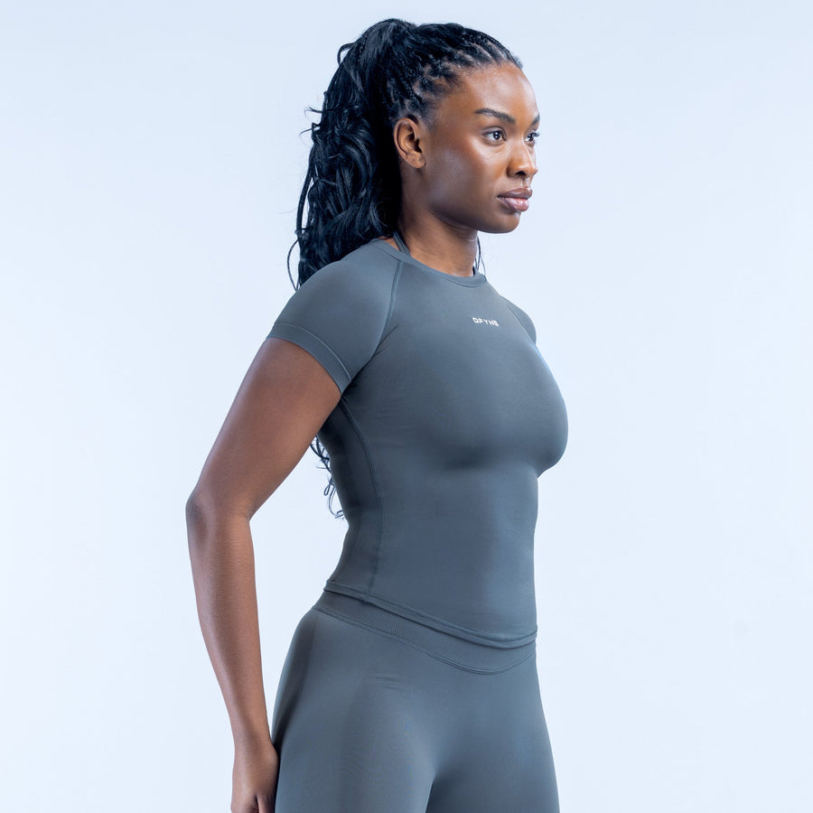 Impact short sleeve top, dark green-gray, side view with fitted crew neck
