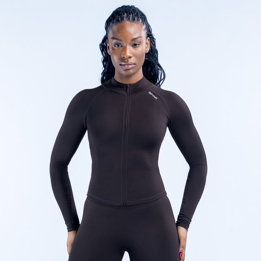 Black long-sleeve zip-front athletic jacket with stand collar, slim fit