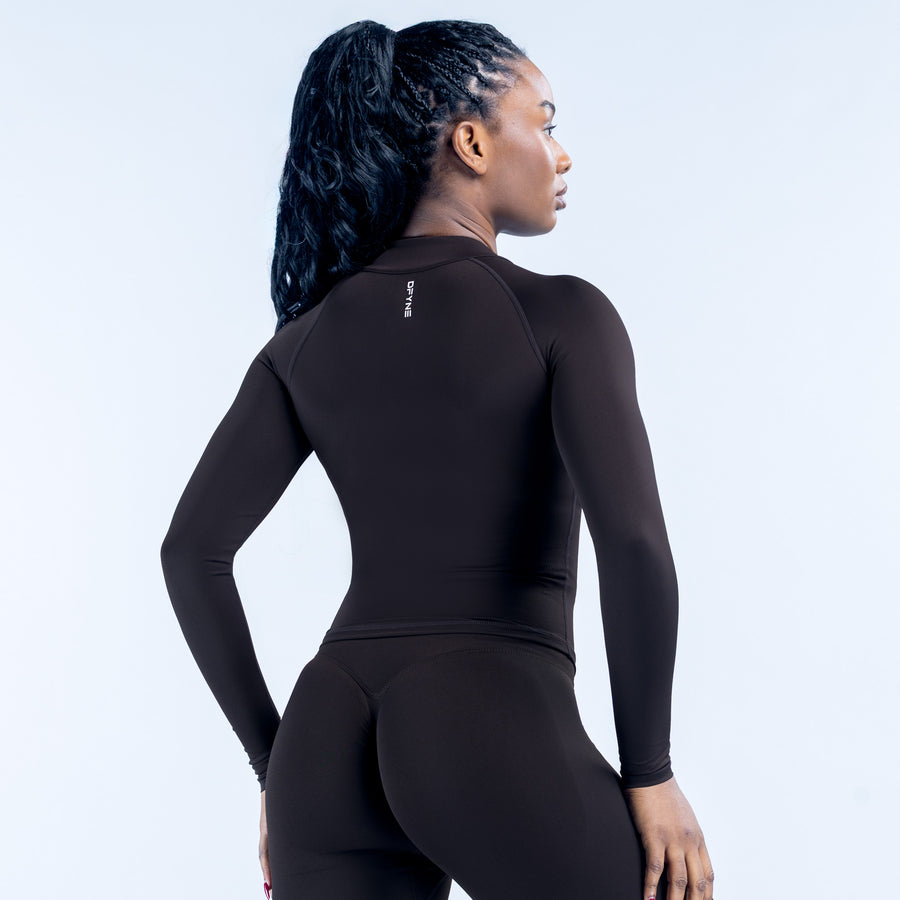 Black long-sleeve zip-front athletic jacket, back view with full-zip