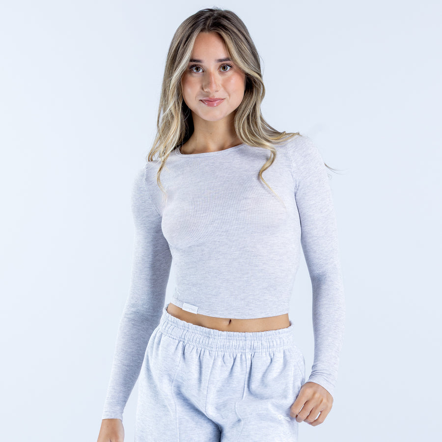Light gray ribbed long-sleeve cropped top with crew neck, front view