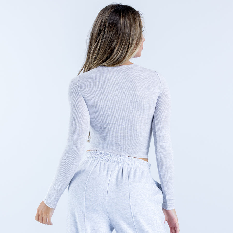 Light gray ribbed long-sleeve cropped top, crew neck, back view