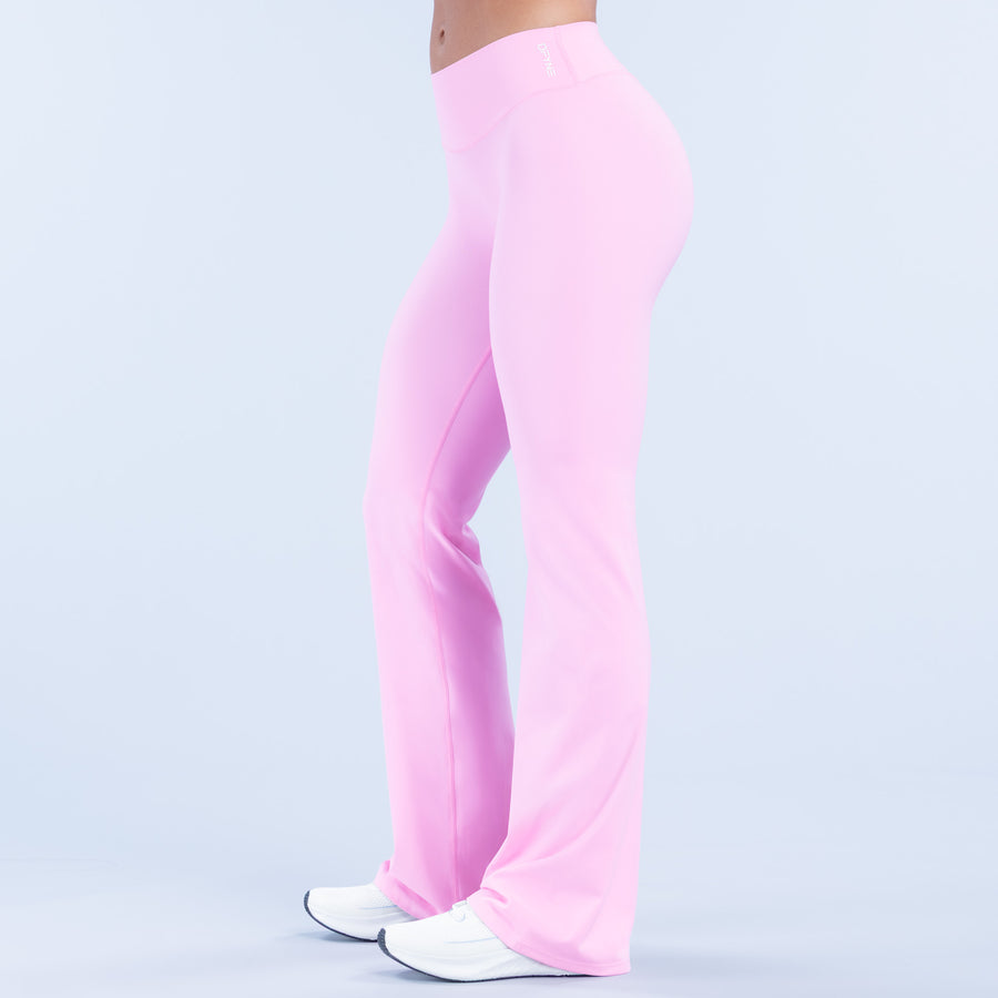 Pink flared leggings, high-rise waist, straight-to-wide leg
