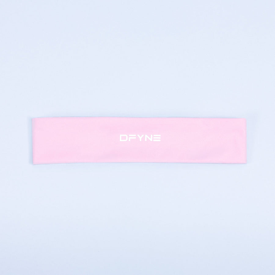Pink fabric headband with centered DPYNE logo