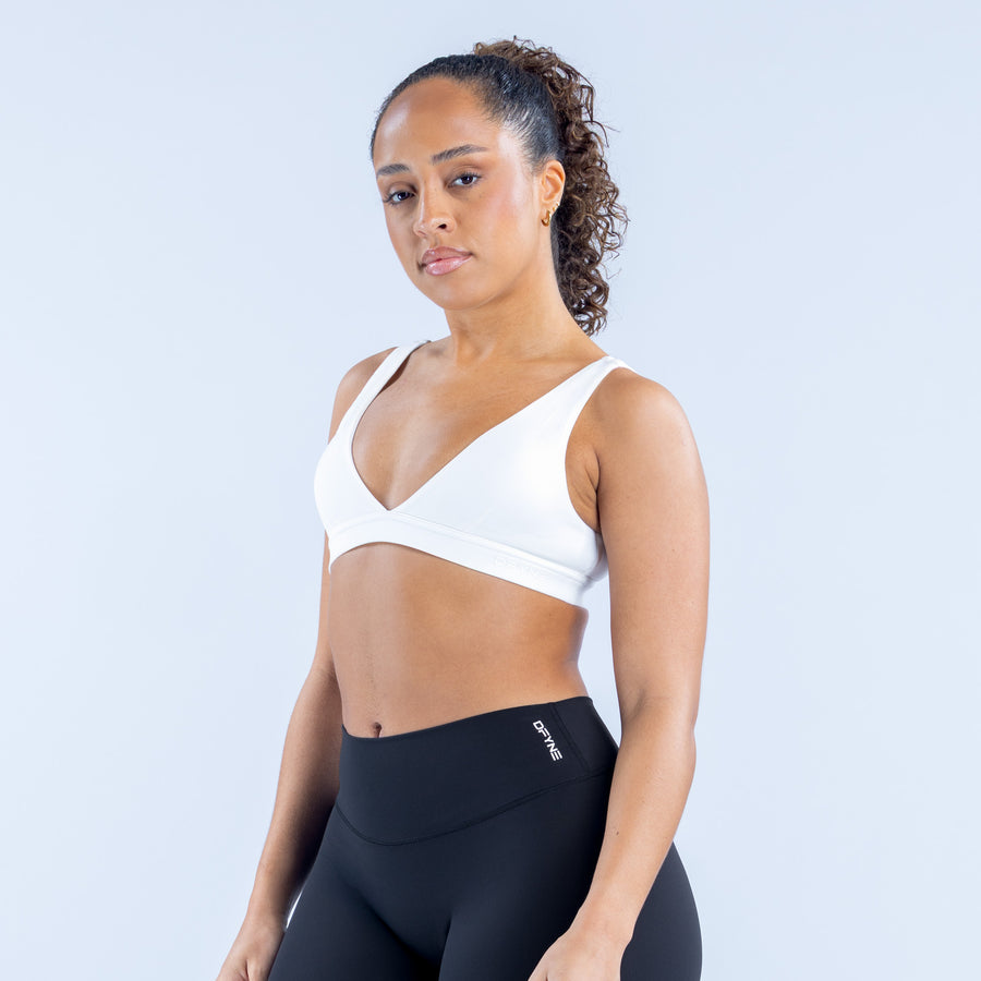 White V-neck minimal sports bra with racerback straps