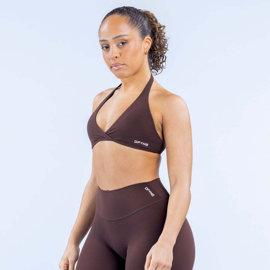 Origin halter bra in dark brown, triangle cups with halter tie and front logo detail