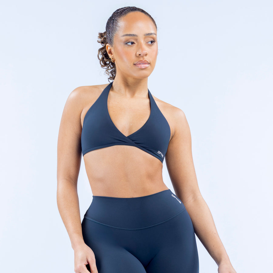 Dark navy halter bra with V-neck front and small logo
