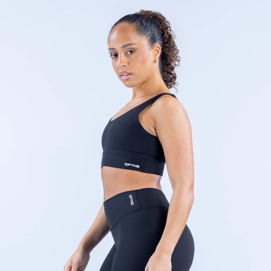 Black sports bra with racerback straps and medium support band