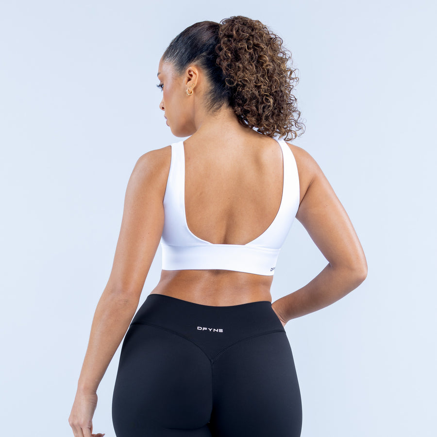 White racerback sports bra, back view with wide underband