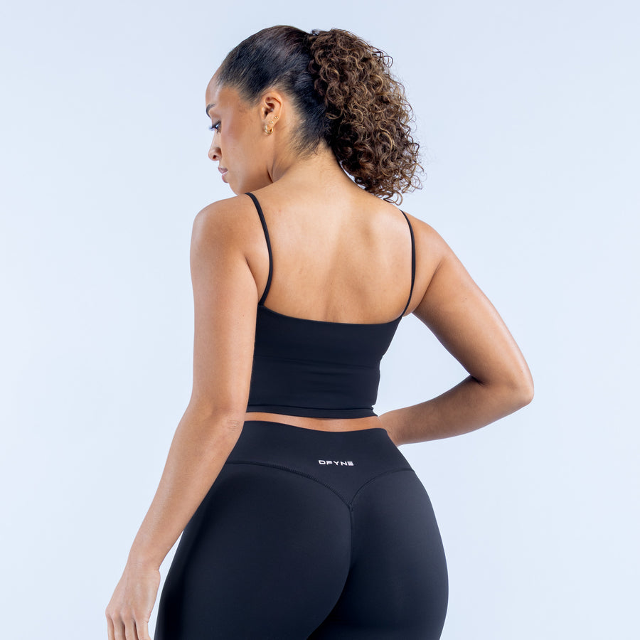 Strappy top, racerback straps, dark fitted back view with cropped hem