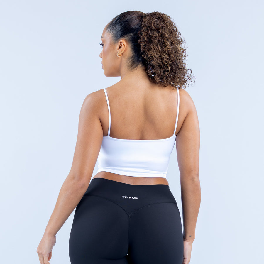 White strappy crop top with thin back straps and square back neckline