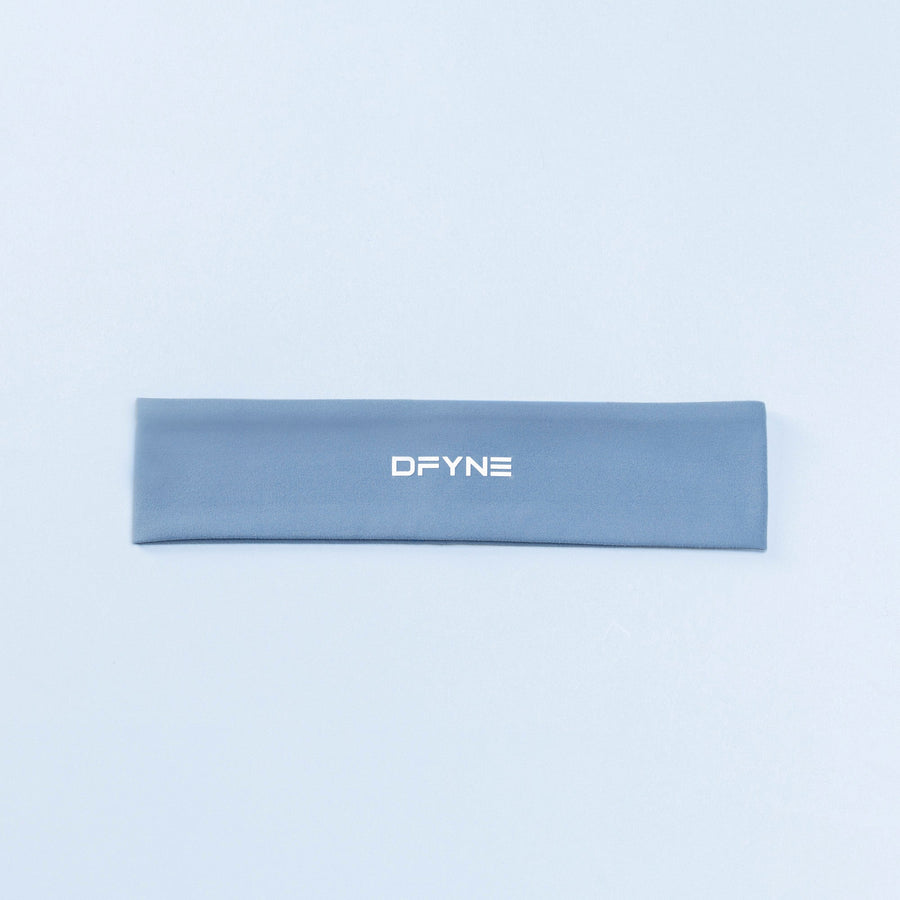 Blue-gray Origin headband flat with centered DFYNE logo
