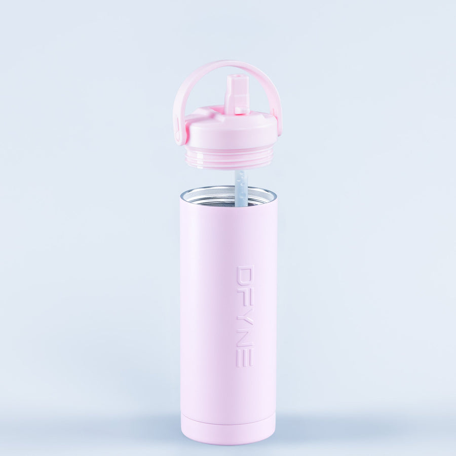Pink water bottle with flip spout and drinking straw
