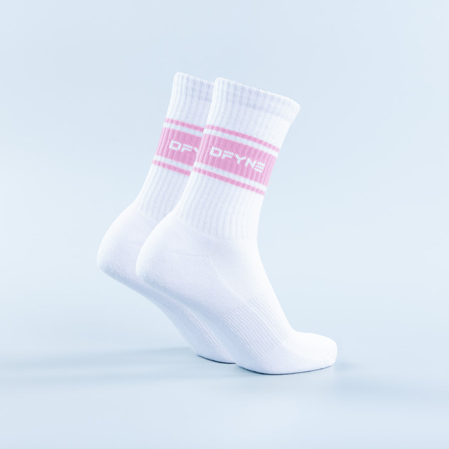 Crew socks in white with pink stripe and logo at mid-cuff, ribbed knit