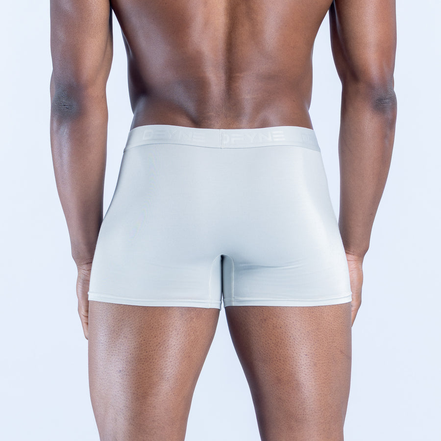 White boxer briefs, stretch fit with straight waistband and front fly seam