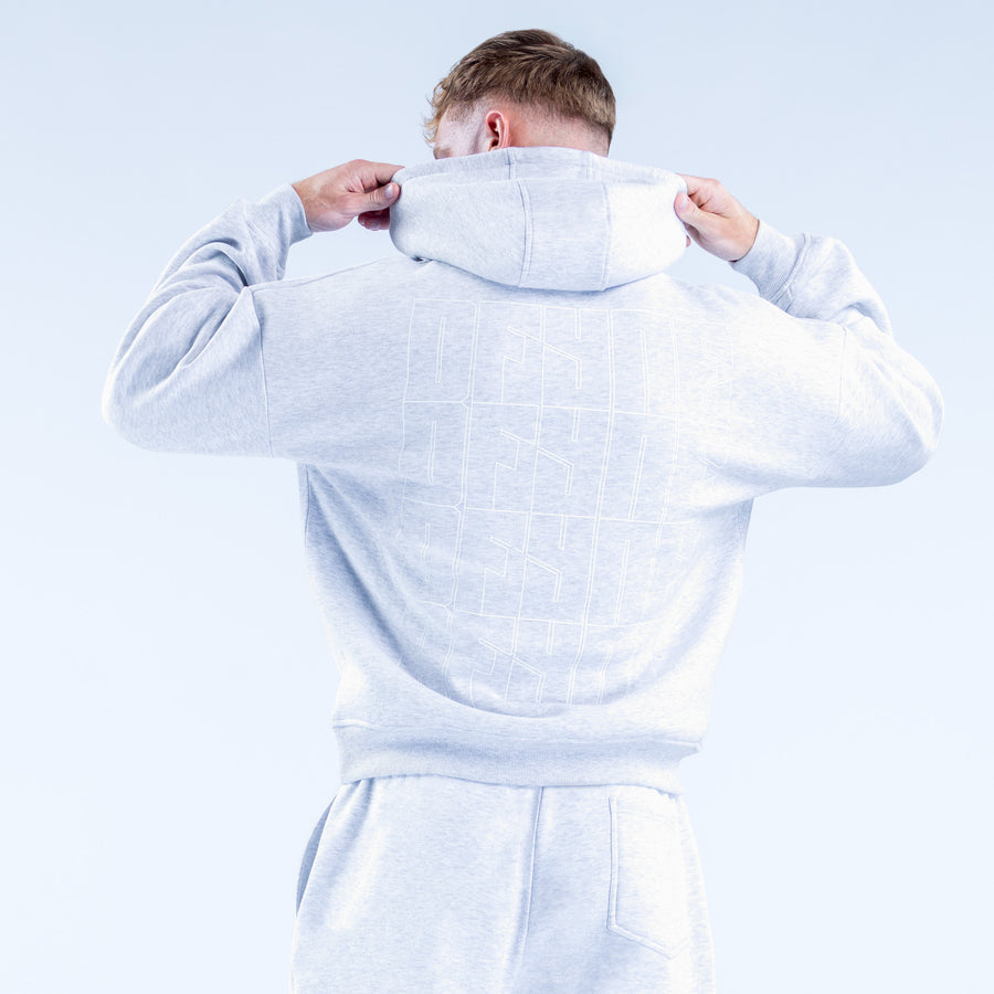 Light blue pullover hoodie, back view with drawstring hood and kangaroo pocket