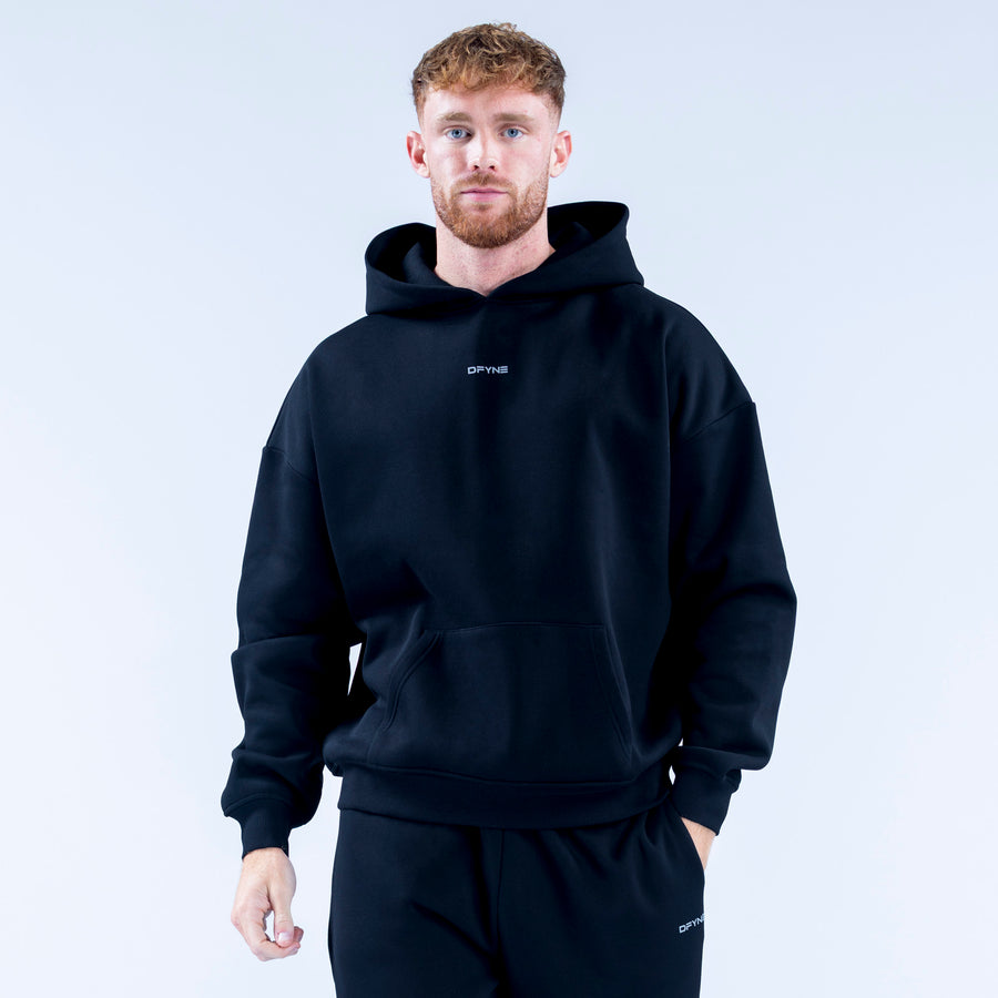 Dark pullover hoodie with front graphic logo, hood, and kangaroo pocket