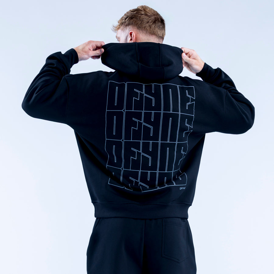 Dark pullover hoodie with large back geometric Recharge graphic, hood, kangaroo pocket