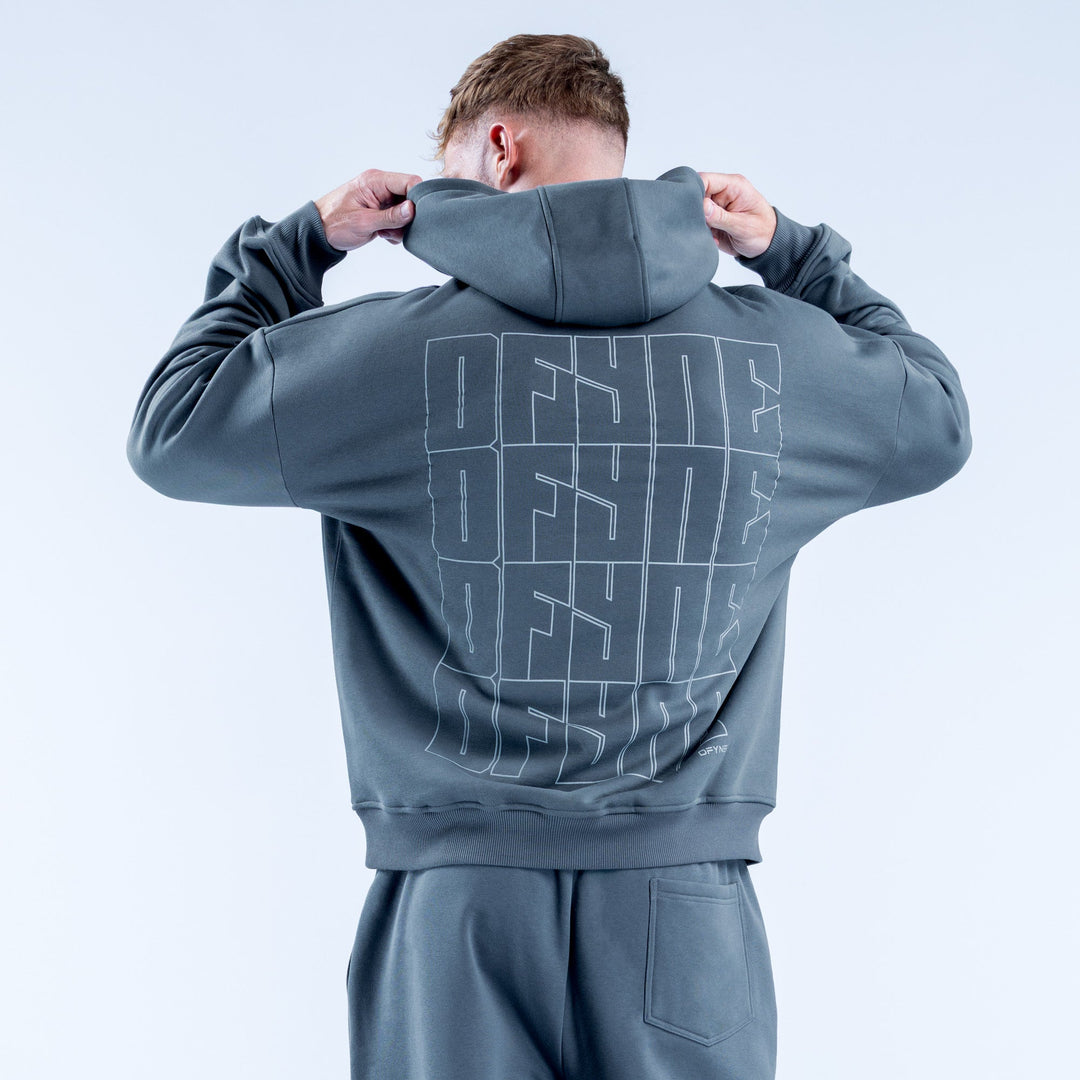 Slate blue hoodie with large back geometric graphic and hood