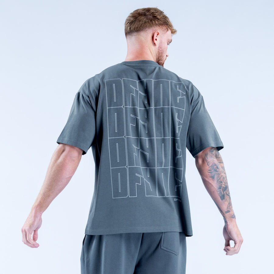 Men's dark gray T-shirt with large geometric graphic on back, crew neck, short sleeves