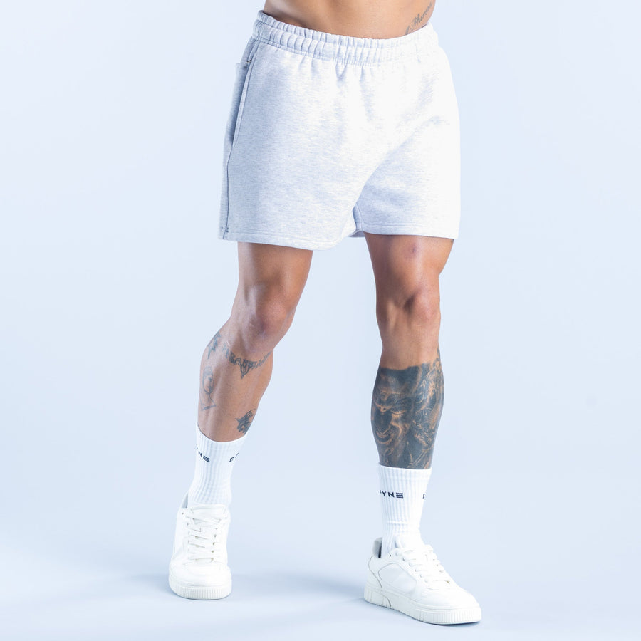 Light heather blue above-knee shorts with elastic waistband, side view